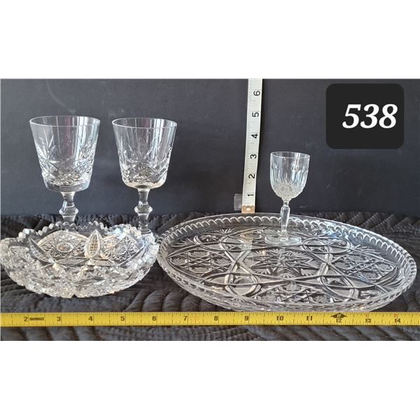 Pinwheel lead crystal. Cake platter, wine glasses & pickle dish.