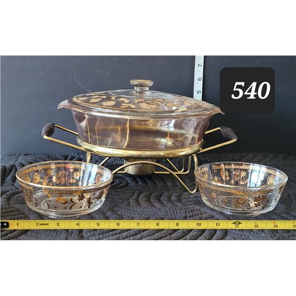 1950's Anchor Hocking (Fire King) Culver Ltd. Floral 22k gold  Warming pot & bowls.