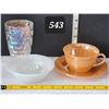 Image 1 : Opal carnival glass bowl & cup. Fire King peach lustre cup & saucer.