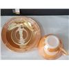 Image 3 : Opal carnival glass bowl & cup. Fire King peach lustre cup & saucer.