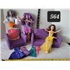 Image 1 : Barbie dolls, sofa, chair & dresses.