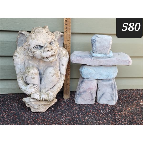 Stone gargoyle & outdoor inukshuk.