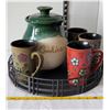 Image 1 : Heavy metal tray with clay cookie jar & mugs.