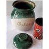 Image 2 : Heavy metal tray with clay cookie jar & mugs.