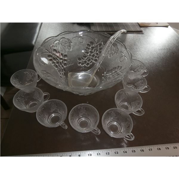 Clear Punch Bowl-Grape Design with 8 Glasses & Ladle