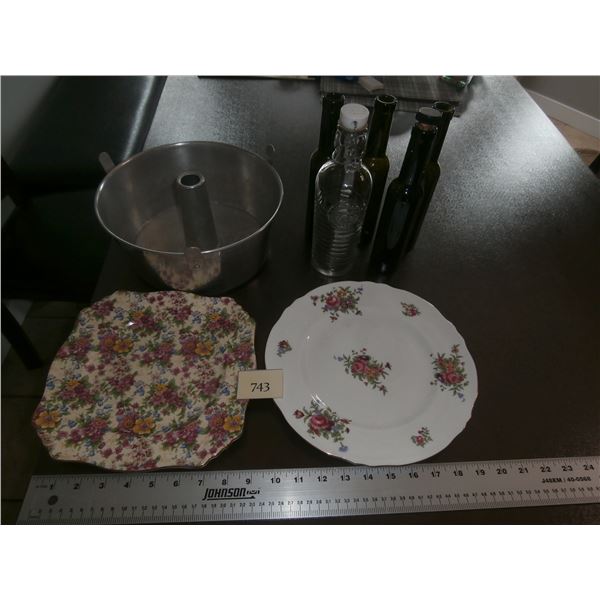 Angel Food Tin; Glass Bottles; 2 Vintage Royal Winton & Staffordshire Plates