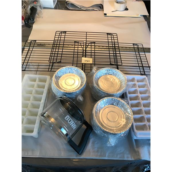 3 Cooling Racks; 100+ 6" Tin Foil Plates; 4 Ice Cube Trays; Bunn-Coffee Carafe