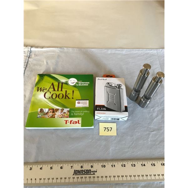 Stainless Salt & Pepper Shakers, GasCan Flask; T-Fall Cookbook