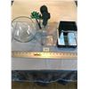 7 x Beveled Mirror Glass Plates; 3 x Glass Vases; 3 x Plastic Cactus