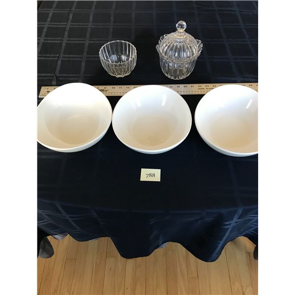 2 Crystal Candy Dishes & 3 Ceramic Vegetable Serving Dishes