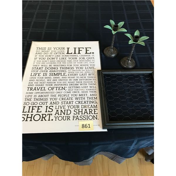 Life Poster; Candle Stick Holders; Wire within a Wooden Frame for Art Projects