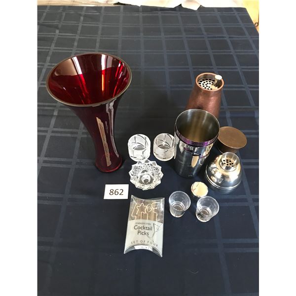 2 Drink Shakers; 2 Shot Glasses; Cocktail Picks; 3 Candle Holders; 1 Ruby Colored Vase