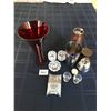 Image 1 : 2 Drink Shakers; 2 Shot Glasses; Cocktail Picks; 3 Candle Holders; 1 Ruby Colored Vase