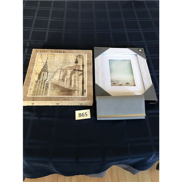 New York Print on Canvas; New 8" x 10" Frame; 1 Used Ladies Grey Wallet