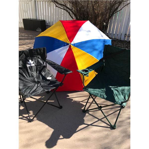 2 x Folding Chairs; 1 Sun Umbrella