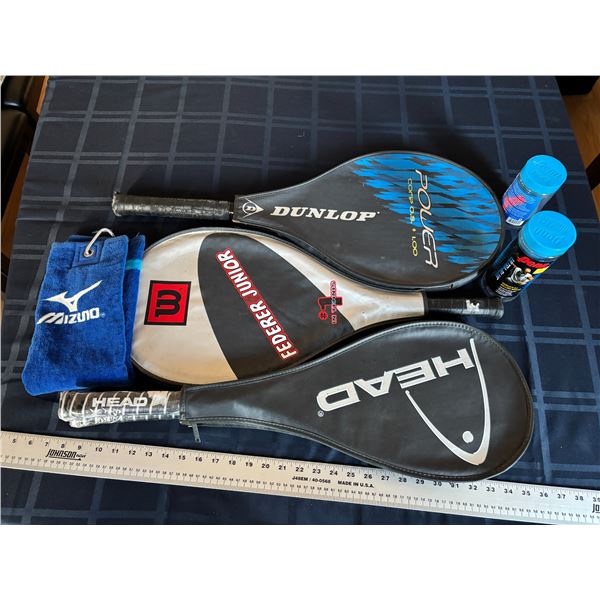2 Head Squash Rackets (Brand New); 2 Tennis Rackets; 5 Penn Racquetballs; 1 Golf Towel;