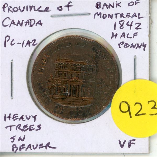 Province of Canada. 1842 Bank of Montreal Half Penny Token. PC-1A2. Heavy Trees. Short-nosed beaver.