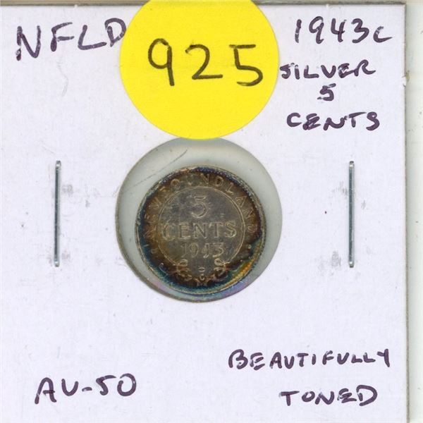Newfoundland. 1943c Silver 5 Cents. AU-50. Beautifully Toned.