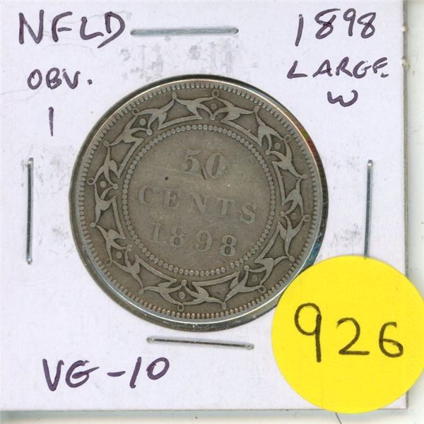 Newfoundland. 1898 Obverse 1 Silver 50 Cents. Large W in NEWFOUNDLAND. Victoria. VG-10.
