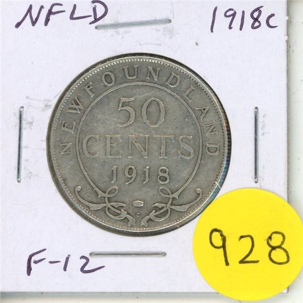 Newfoundland. 1918c Silver 50 Cents. George V. Issued during the last year of World War I. Fine.