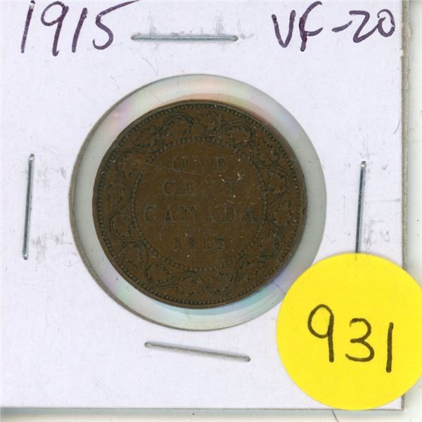 1915 Canadian Large Cent. Issued during World War I. VF-20.