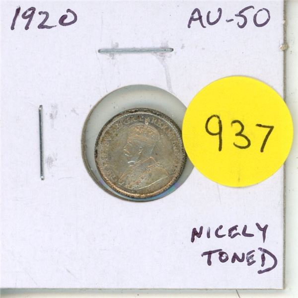 1920 Canadian Silver 5 Cents. AU-50. Nicely Toned.