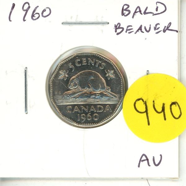 1960 Bald Beaver Nickel 5 Cents. AU-50.