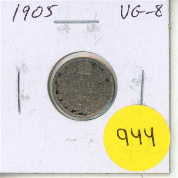 1905 Canadian Edwardian Silver 10 Cents. VG-8.