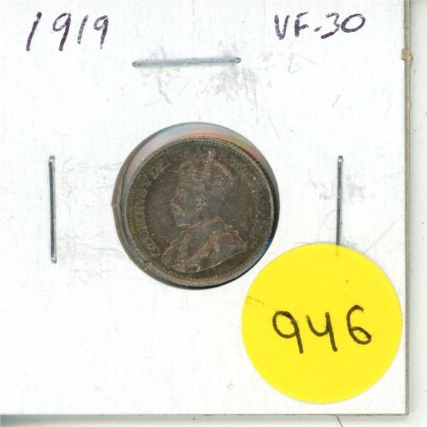 1919 Silver 10 Cents. VF-30.