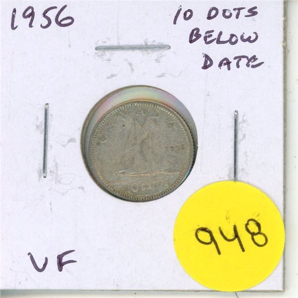 1956 Silver 10 Cents. Has 10 Dots below the Date. VF-20. Scarce.