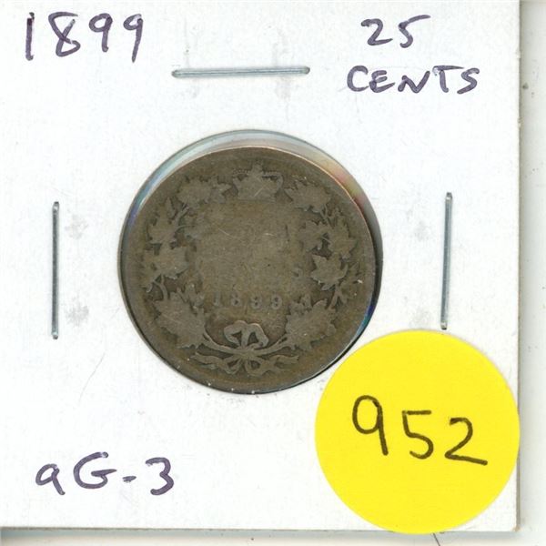 1899 Canadian Victorian Silver 25 Cents. aG-3 with readable date.