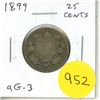 Image 1 : 1899 Canadian Victorian Silver 25 Cents. aG-3 with readable date.