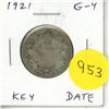 Image 1 : 1921 Canadian Silver 25 Cents. Key Date. Mintage of 597,337. G-4.