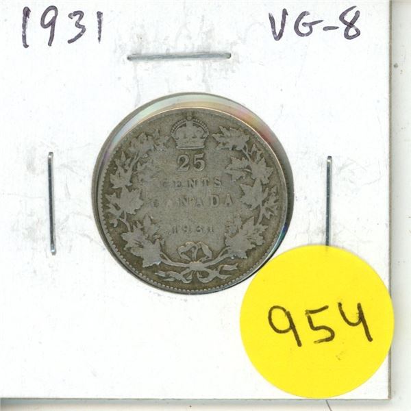 1931 Silver 25 Cents. Key Date. Mintage of 537,815. VG-8.