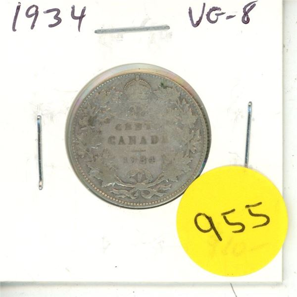 1934 Silver 25 Cents. Key Date. Mintage of 384,350. VG-8.
