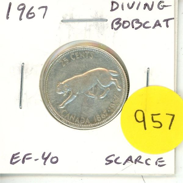 1967 Diving Bobcat Silver 25 Cents. Rotated Die so it appears the Bobcat is Diving. EF-40. Scarce.