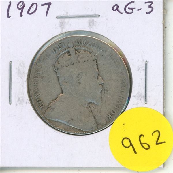 1907 Canadian Silver 50 Cents. Key Date. Mintage of 300,000. aG-3 with readable date.