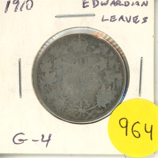 1910 Edwardian Leaves Silver 50 Cents. G-4.