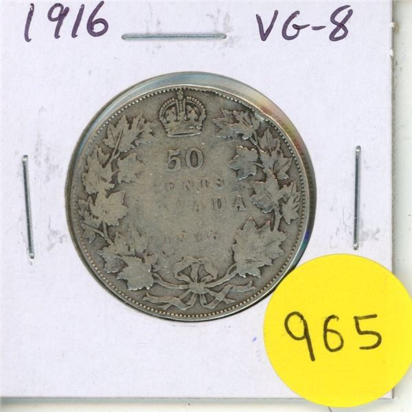 1916 Silver 50 Cents. Minted during World War I. VG-8.
