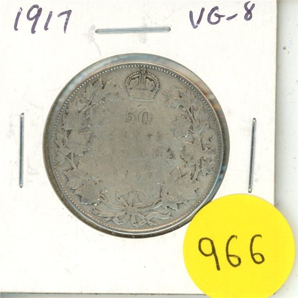 1917 Silver 50 Cents. Minted during World War I. VG-8.