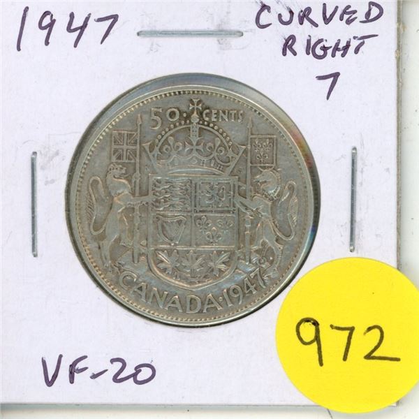 1947 Curved Right 7 Silver 50 Cents. VF-20.