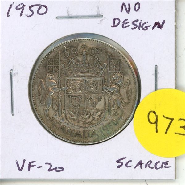 1950 No Design Silver 50 Cents. Scarce No DES variety. VF-20.