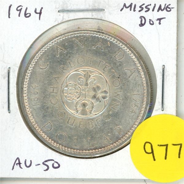 1964 Missing Dot Canadian Silver Dollar. Missing the Dot between the T S. AU-50. Scarce.