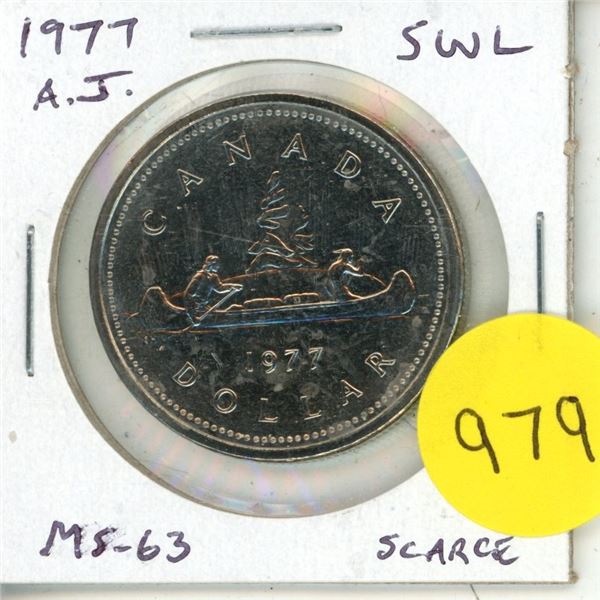 1977 Attached Jewel Canadian Nickel Dollar with Short Water Lines in front of the canoe. MS-63. Scar