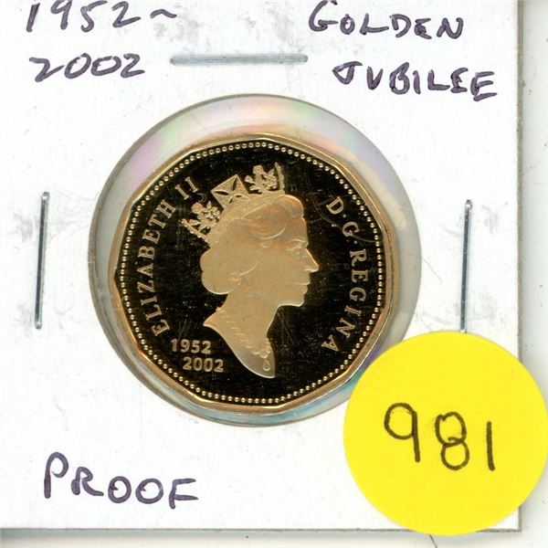 1952 – 2002 Golden Jubilee Loonie Dollar. Proof with Ultra Heavy Cameo.