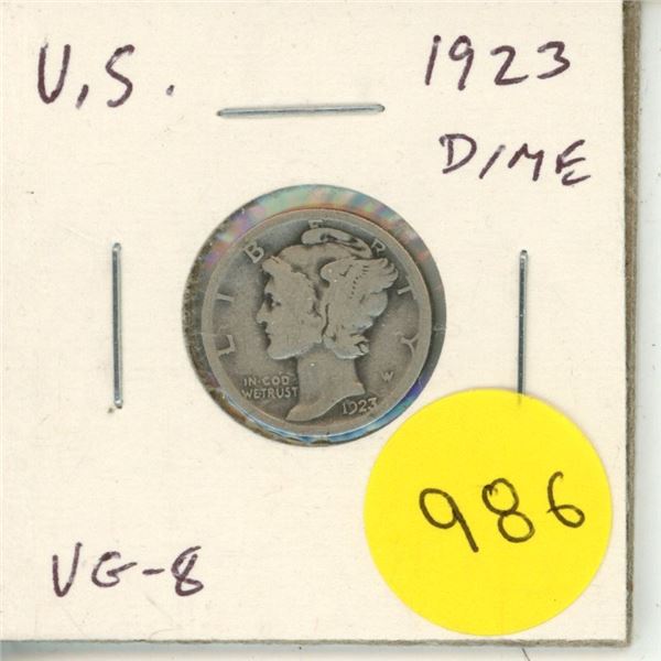 U.S. 1923 Silver Mercury Dime. VG-8.