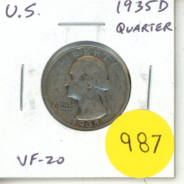 U.S. 1935D Silver Quarter. Early Washington Quarter. VF-20.