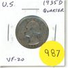Image 1 : U.S. 1935D Silver Quarter. Early Washington Quarter. VF-20.