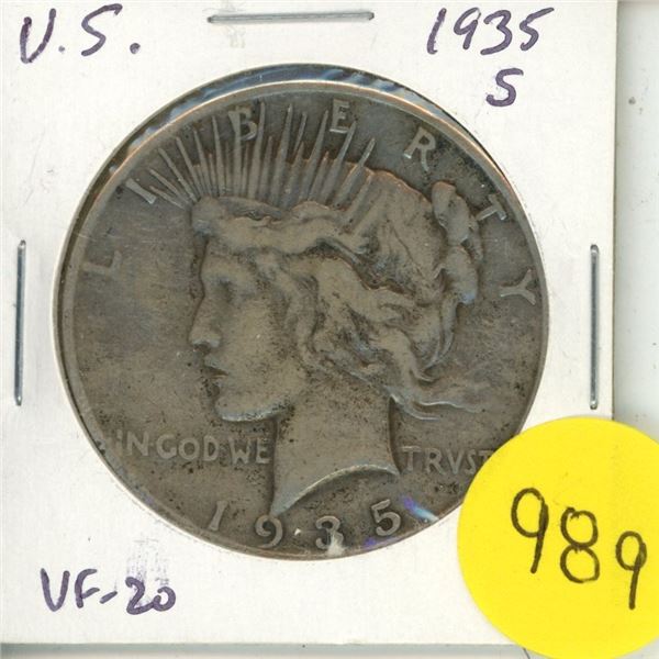 U.S. 1935 S Peace Silver Dollar. San Francisco Mint. VF-20.