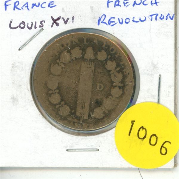 France. French Revolution. The coin still depicts the dead King Louis XVI. D Mint Mark. Poor.